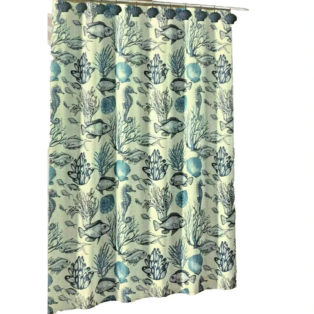 Caribbean Joe Deep Sea Seahorse Coastal Fabric Shower Curtain and 12 Shell Hooks